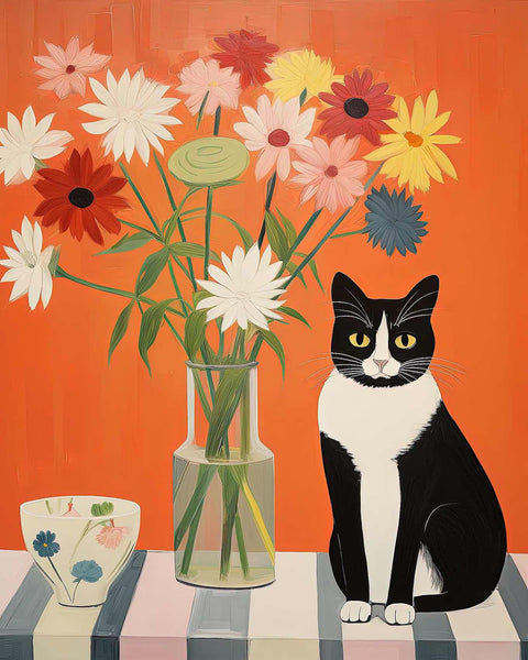 a painting of a cat sitting next to a vase of flowers
