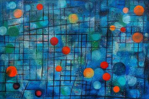 a painting of blue and orange circles and squares