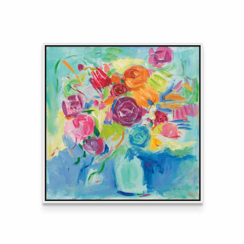 a painting of colorful flowers in a blue vase