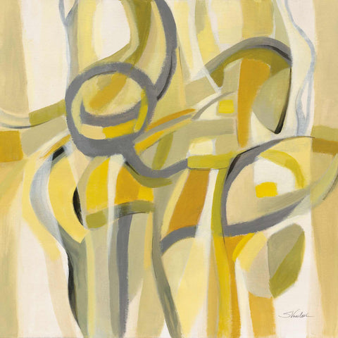 a painting of yellow and grey shapes on a white background