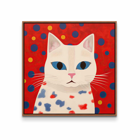 a painting of a white cat with blue eyes