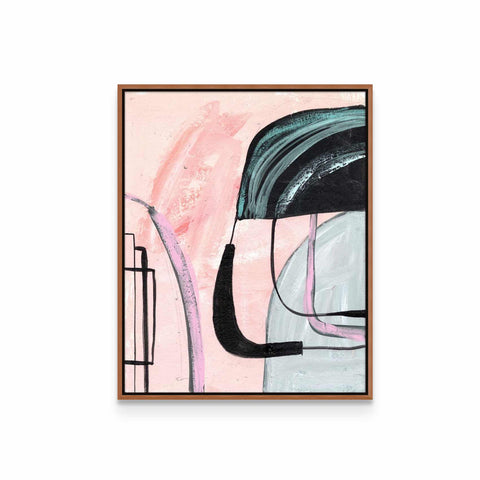 a painting on a white wall with a pink background