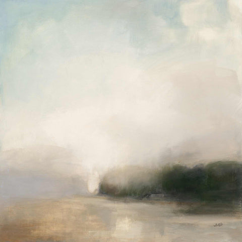 a painting of a foggy landscape with trees