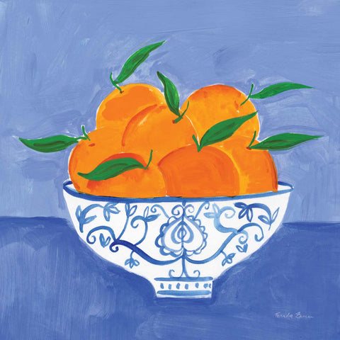 a painting of oranges in a blue and white bowl