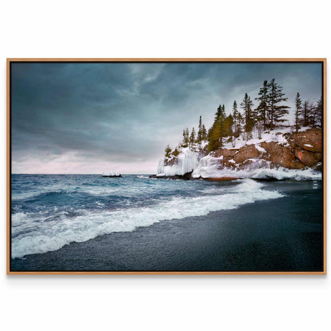 a picture of a beach with trees on the shore