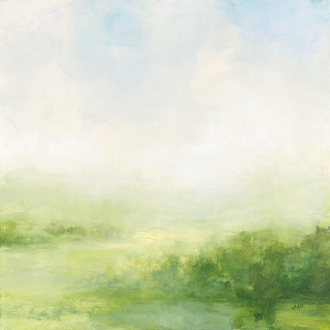 a painting of a green field with a sky background