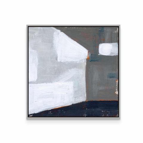 an abstract painting with white and grey colors