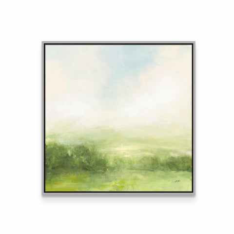 a painting of a green landscape on a white wall