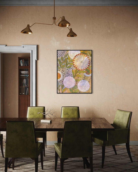 a dining room table with green chairs and a painting on the wall