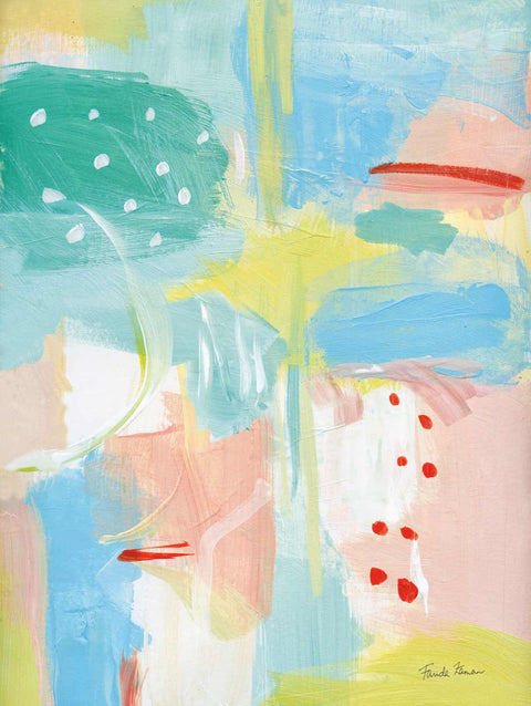 an abstract painting with blue, pink, yellow, and green colors