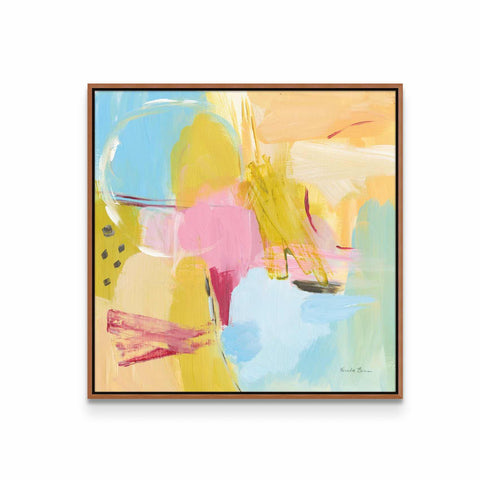 an abstract painting in a wooden frame on a wall