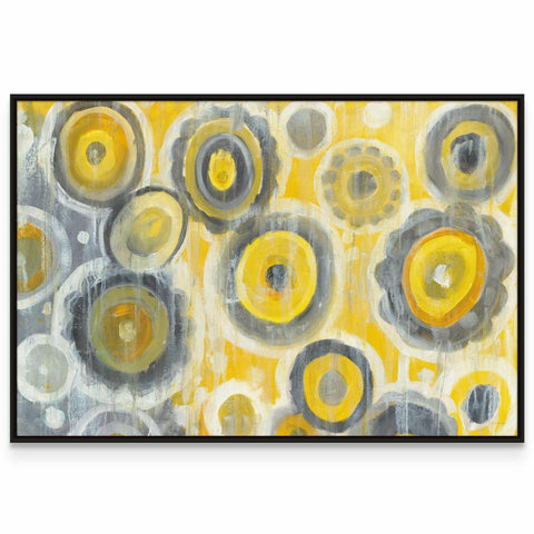 a painting with yellow and grey circles on it