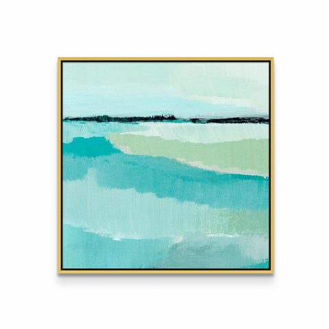 a painting of a blue ocean with a gold frame