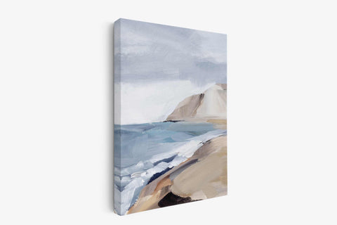 a painting of a beach with a mountain in the background