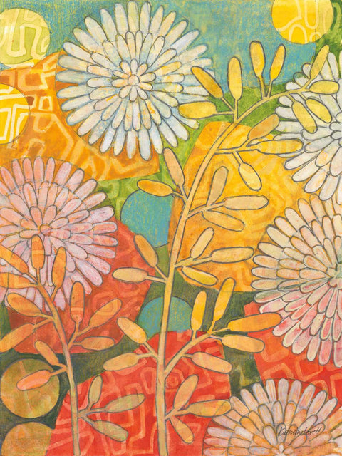 a painting of flowers and leaves on a colorful background