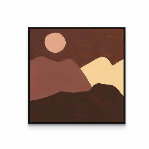 a painting of a mountain with a sun in the background