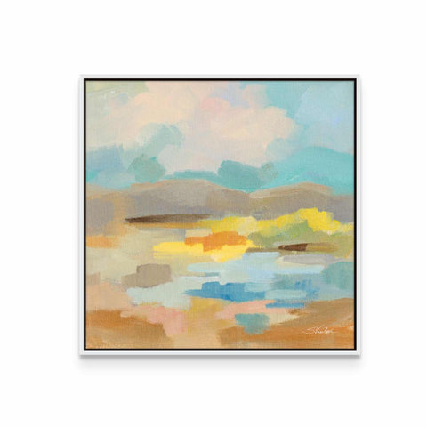 a painting of a lake with clouds in the sky