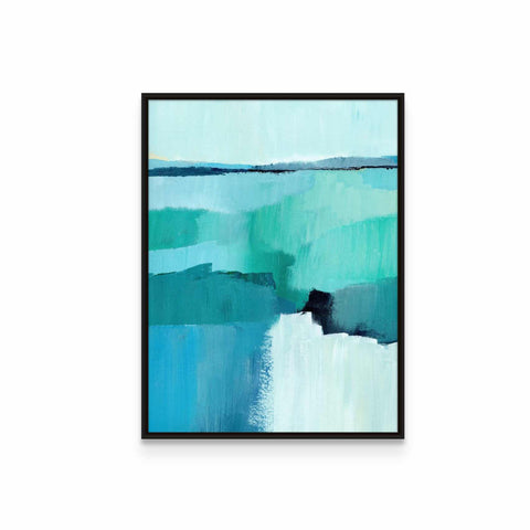 a painting of blue and green water on a white wall