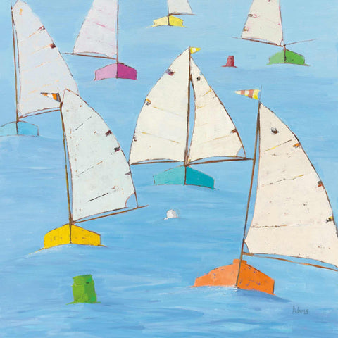 a painting of a group of sailboats in the ocean