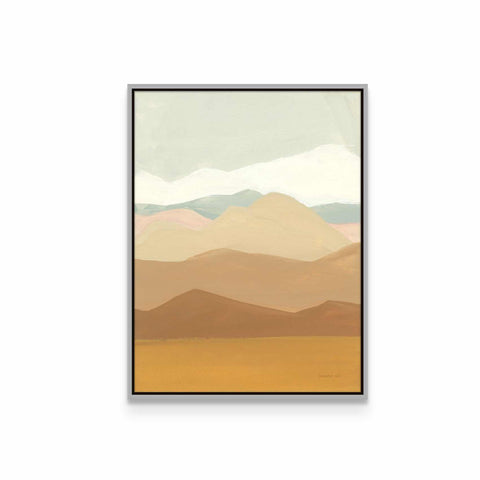 a painting of a desert with mountains in the background