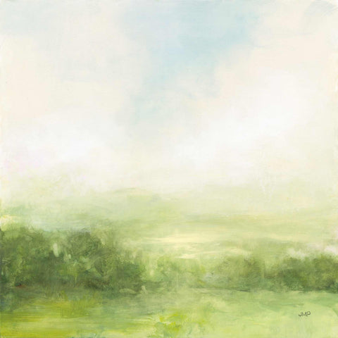 a painting of a green field with trees in the background