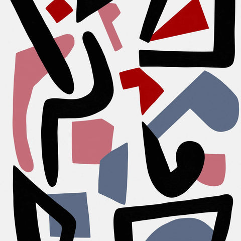 an abstract painting with black, red, and blue shapes