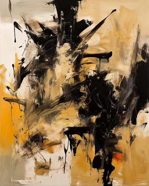 an abstract painting with black and yellow colors