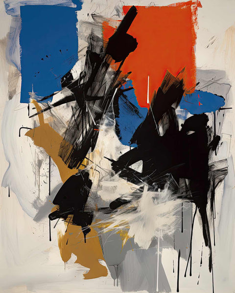 an abstract painting with black, orange, and blue colors