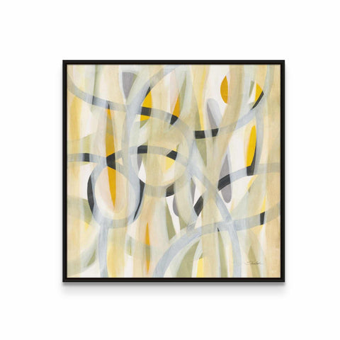 an abstract painting with yellow and grey colors