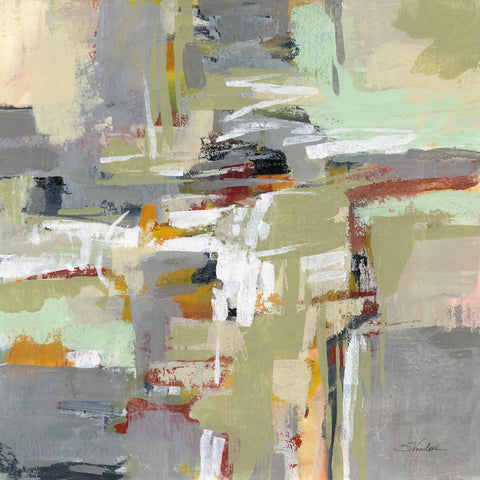an abstract painting of grey, yellow, and white colors