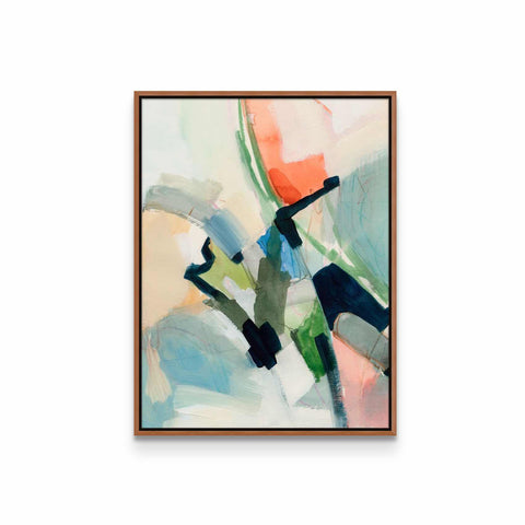 an abstract painting with blue, green, and orange colors