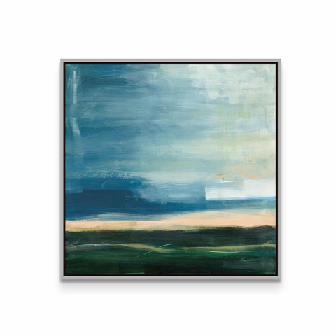 a painting of a blue and green landscape