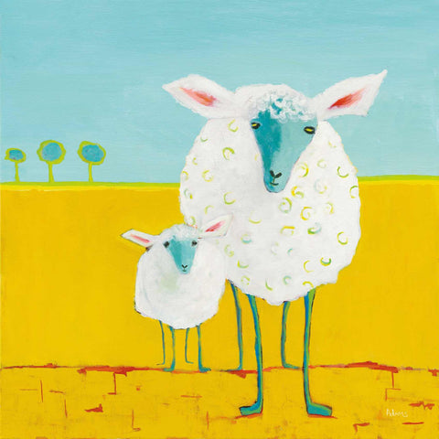 a painting of two sheep standing next to each other