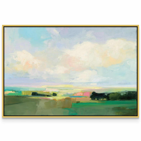 a painting of a field with clouds in the sky