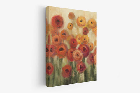 a painting of orange and red flowers on a white wall