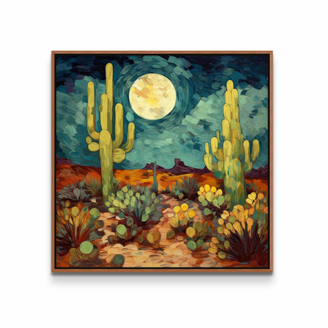 a painting of a desert with cacti and a full moon