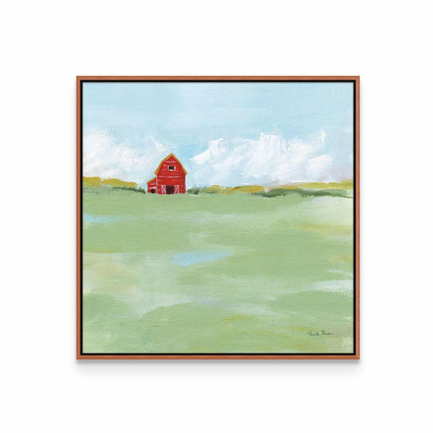 a painting of a red barn in a green field