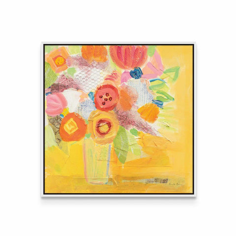 a painting of flowers in a vase on a yellow background