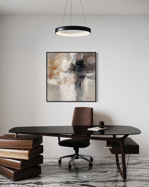 a modern dining room with a large painting on the wall