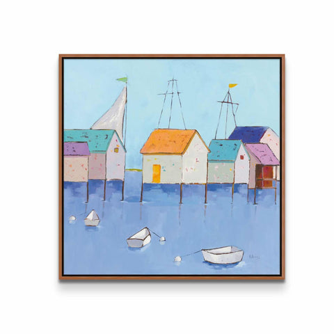 a painting of boats floating in a body of water