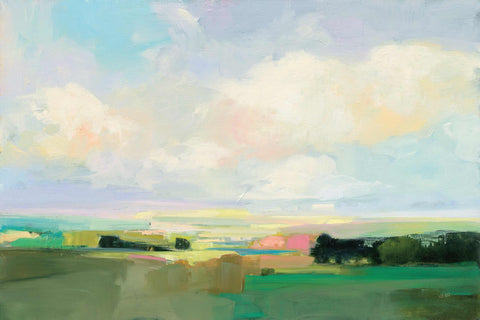 a painting of a field with a sky in the background