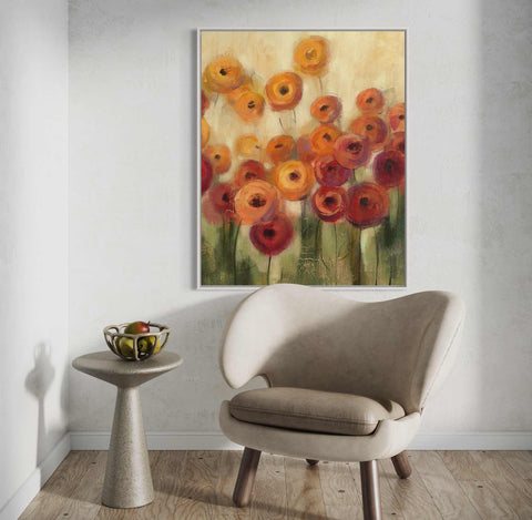 a painting of orange flowers on a white wall
