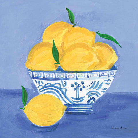 a painting of a bowl of lemons on a table