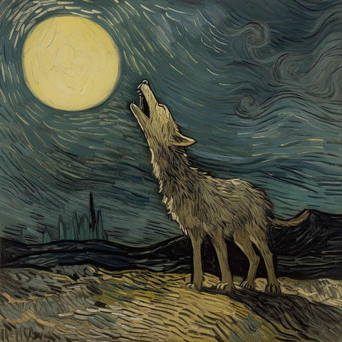 a painting of a wolf looking up at the moon