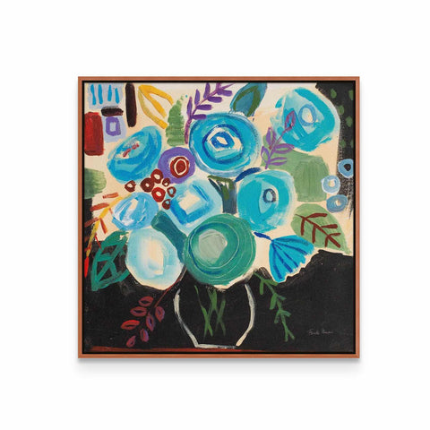 a painting of blue flowers in a vase