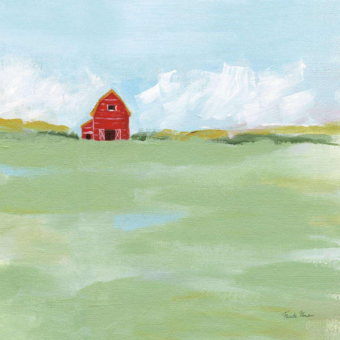a painting of a red barn in a green field