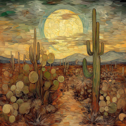a painting of a desert scene with cacti and a full moon