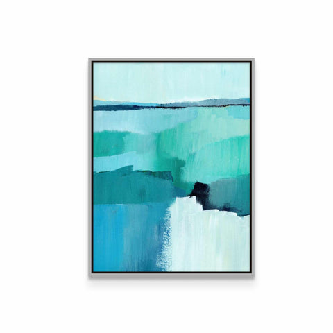 a painting of blue and green water on a white wall