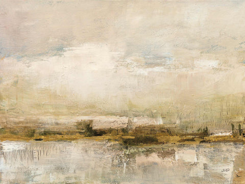 a painting of a lake with a sky in the background