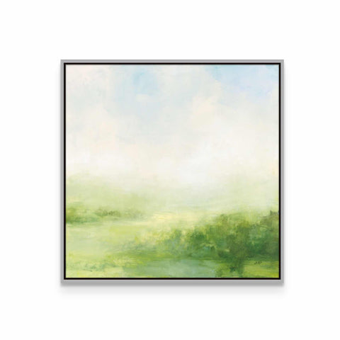 a painting of a green landscape on a white wall